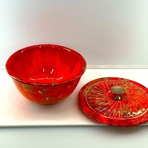 vtg SUNKIST POTTERY sz Small Bowl + Lid #203 Van Nuys Cali Fiery Orange Gold